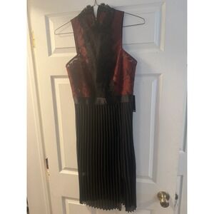 Express Black Red Lace Pleated Sleeveless Cocktail Midi Dress Size 8
